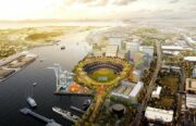 An illustrated image of a baseball park near the waterfront in Oakland, CA.