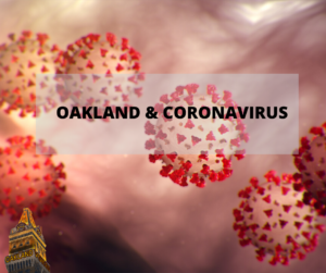 cellular image of novel coronavirus with the word Oakland above