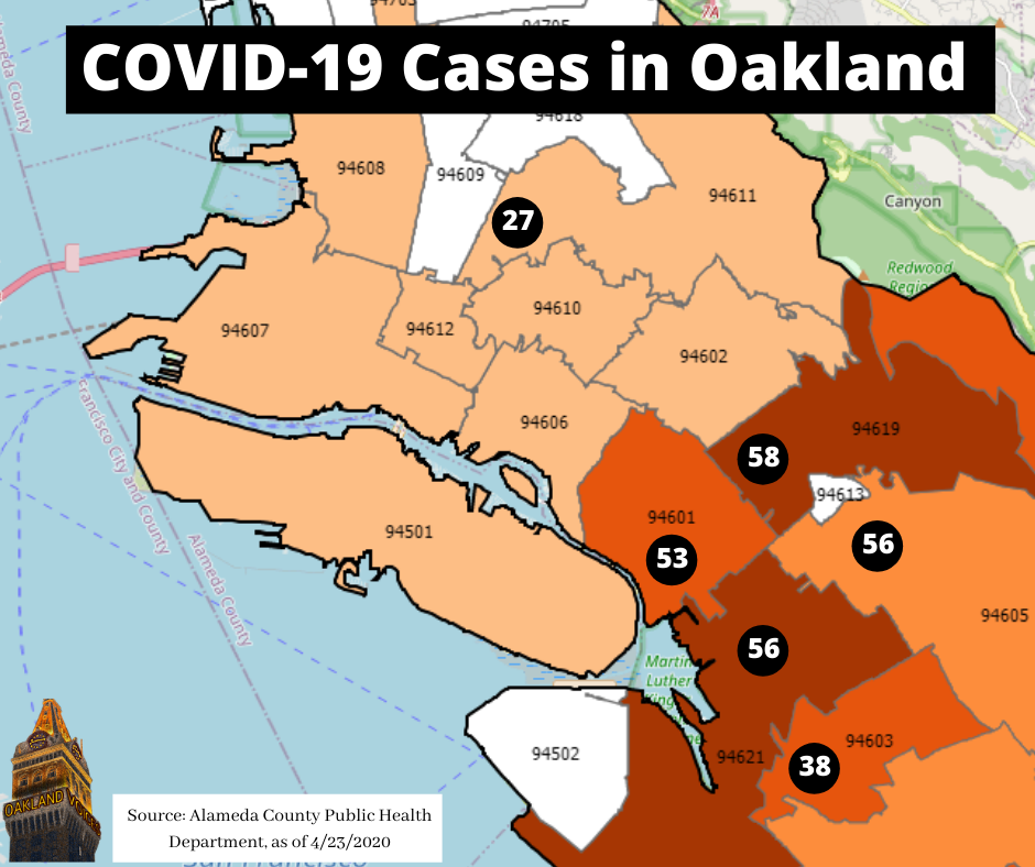 This image shows which zip codes have the most COVID-19 cases in Oakland, California.