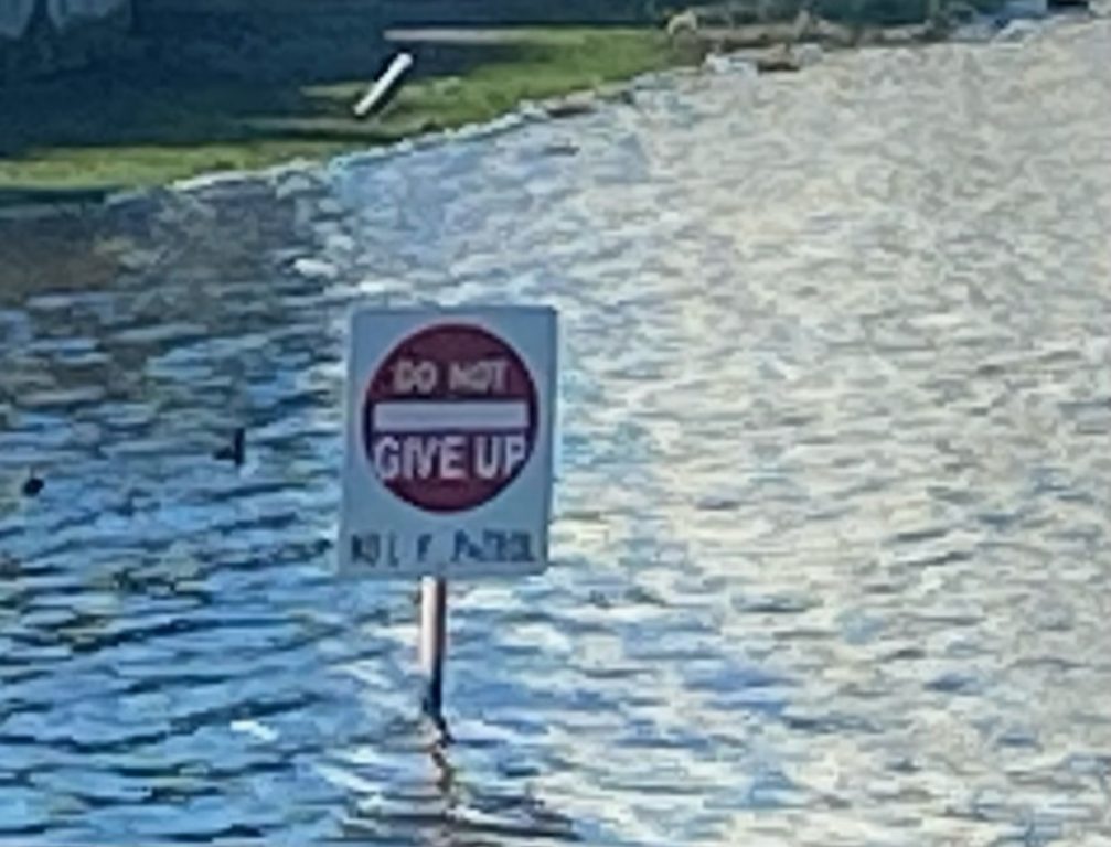 A lake with a sign in it that says "don't give up hope."
