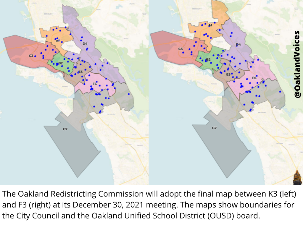 Two map proposals by Oakland Redistricting Commission with City Council and School board boundaries