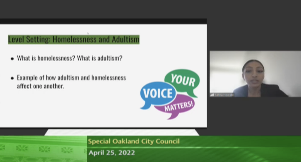 screenshot of zoom screen with "what is adultism" and image of young woman on side and "your voice matters"