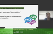 screenshot of zoom screen with "what is adultism" and image of young woman on side and "your voice matters"